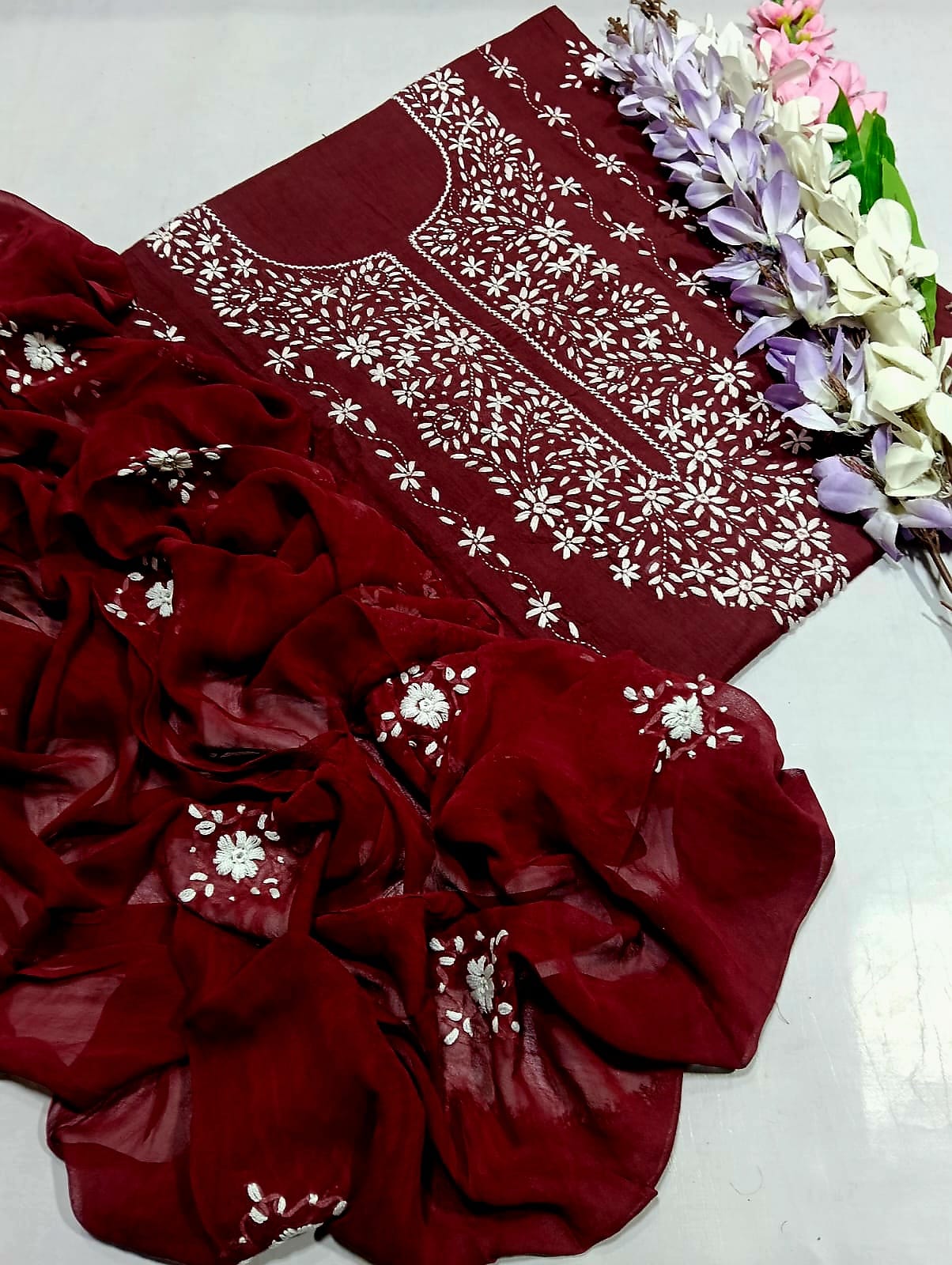 Elegant Handmade 3-Piece Lawn Dress with Resham & Mirror Work