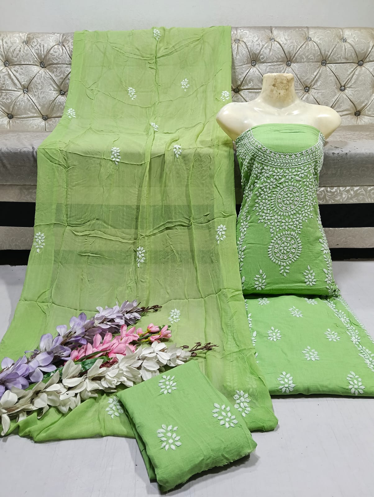 Elegant Handmade 3-Piece Lawn Dress with Resham & Mirror Work