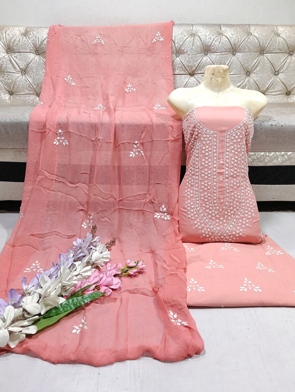 Elegant Handmade 3-Piece Lawn Dress with Resham & Mirror Work