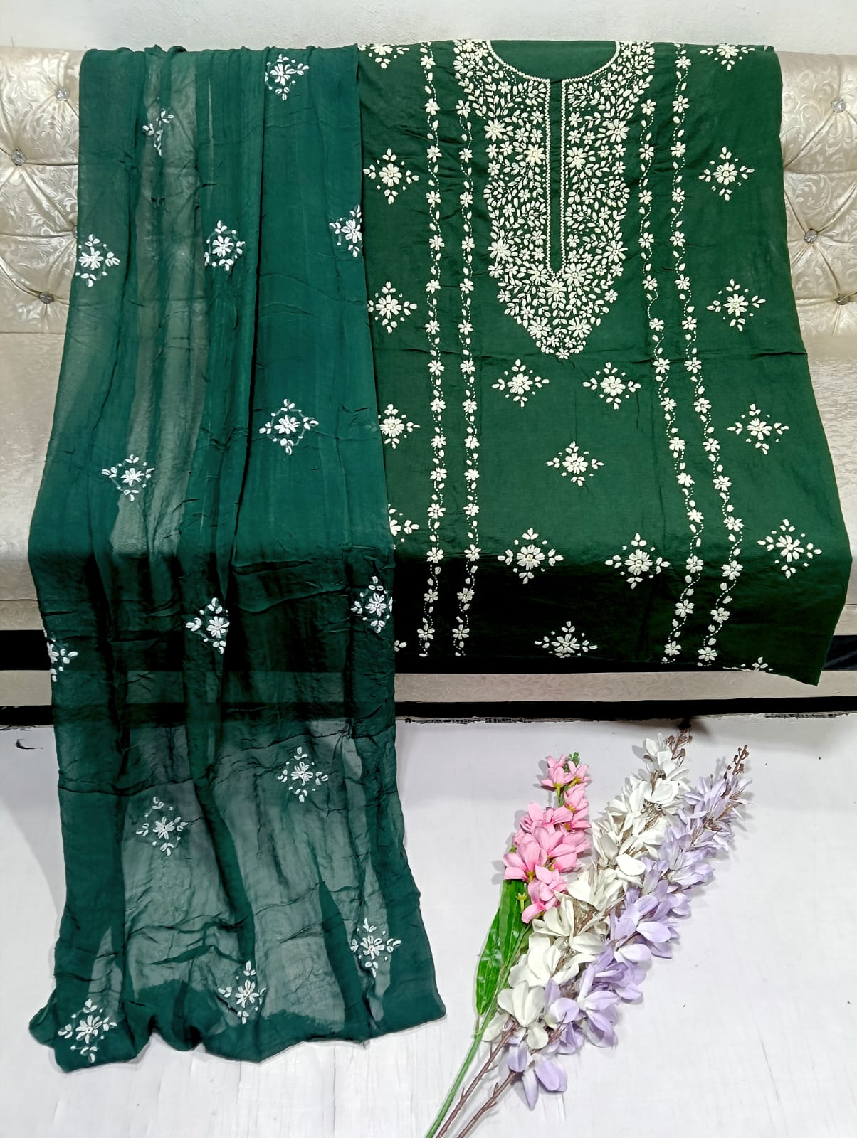 Elegant Handmade 3-Piece Lawn Dress with Resham & Mirror Work
