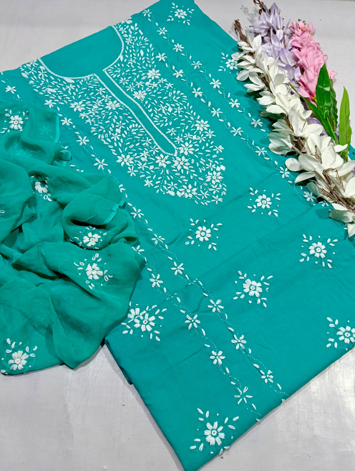 Elegant Handmade 3-Piece Lawn Dress with Resham & Mirror Work