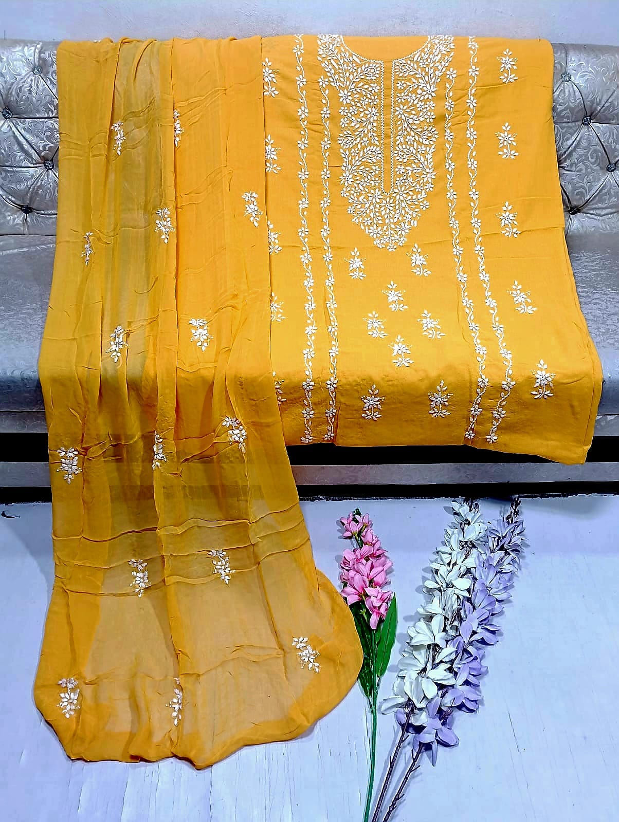 Elegant Handmade 3-Piece Lawn Dress with Resham & Mirror Work